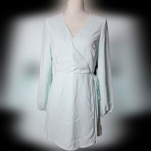 Sugar Lips Blue Faux Wrap Dress V Neck Longsleeve Small